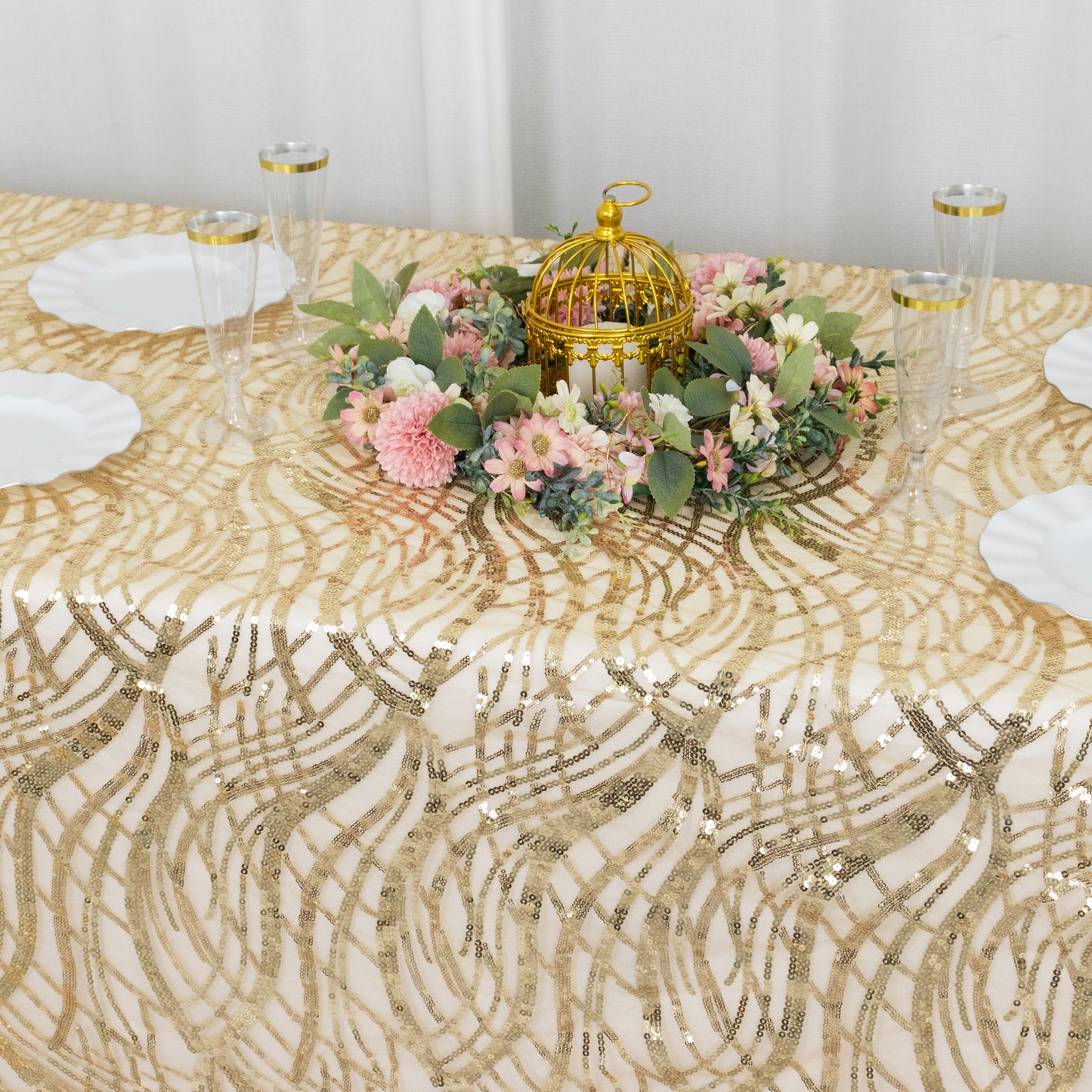 90"x156" Champagne Wave Mesh Rectangular Tablecloth With Embroidered Sequins
