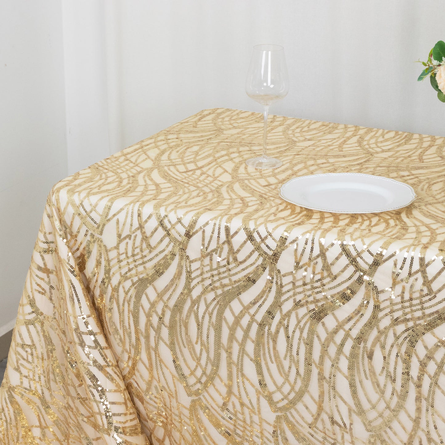 90"x156" Champagne Wave Mesh Rectangular Tablecloth With Embroidered Sequins