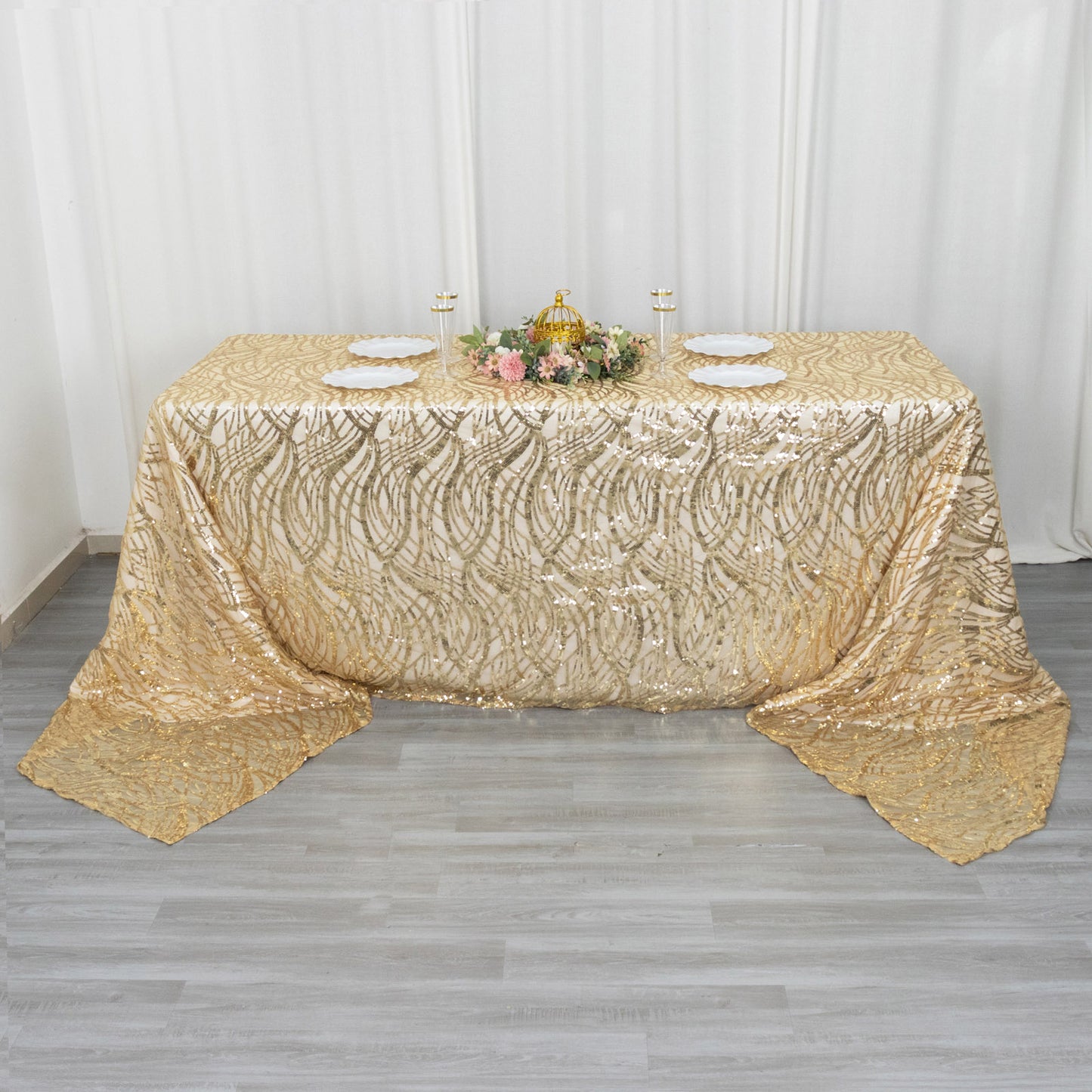90"x156" Champagne Wave Mesh Rectangular Tablecloth With Embroidered Sequins