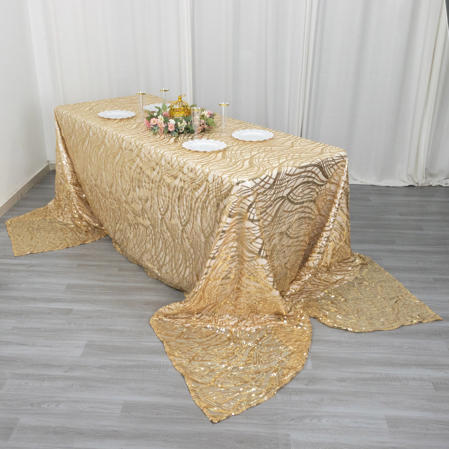 90"x156" Champagne Wave Mesh Rectangular Tablecloth With Embroidered Sequins
