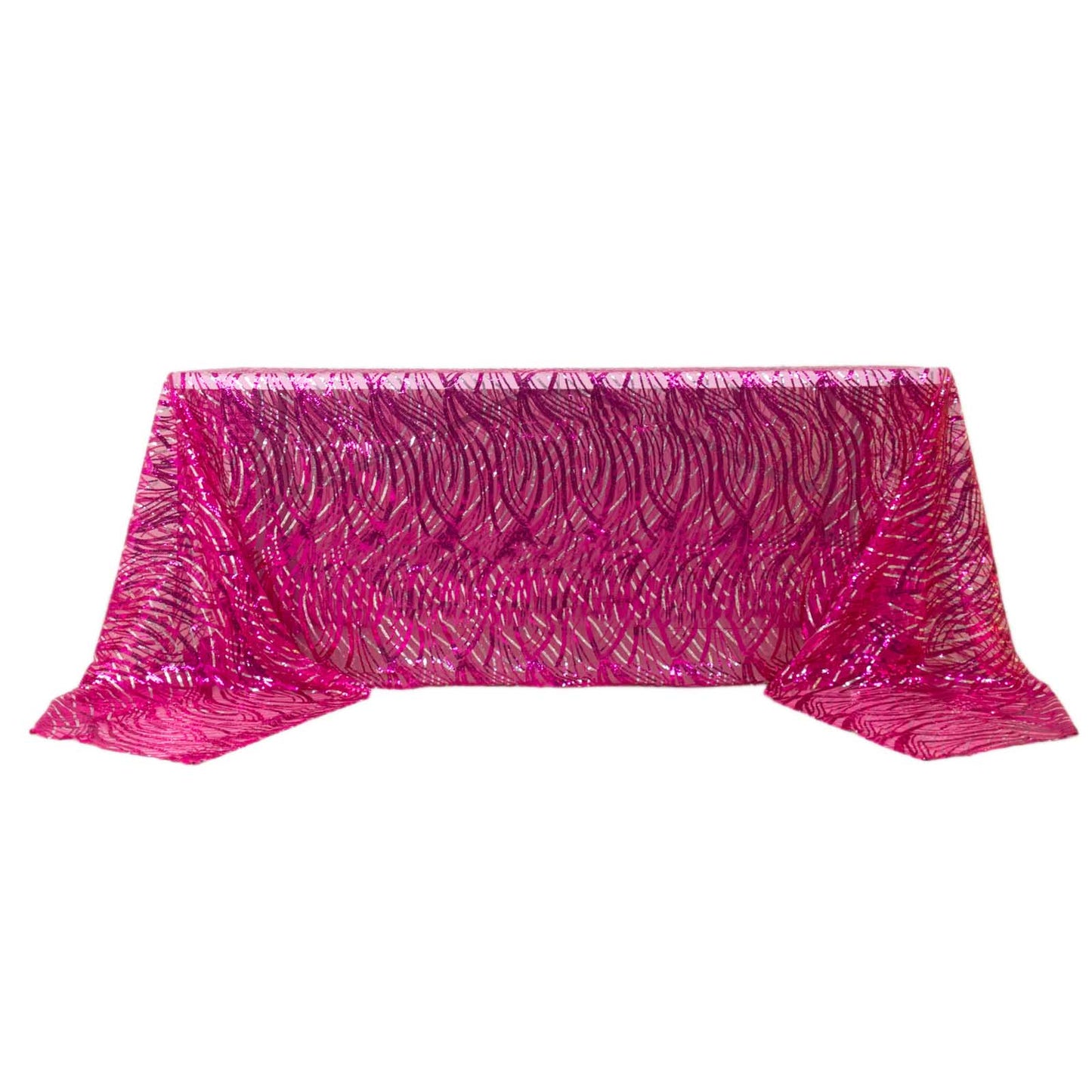 90"x156" Fuchsia Silver Wave Mesh Rectangular Tablecloth With Embroidered Sequins