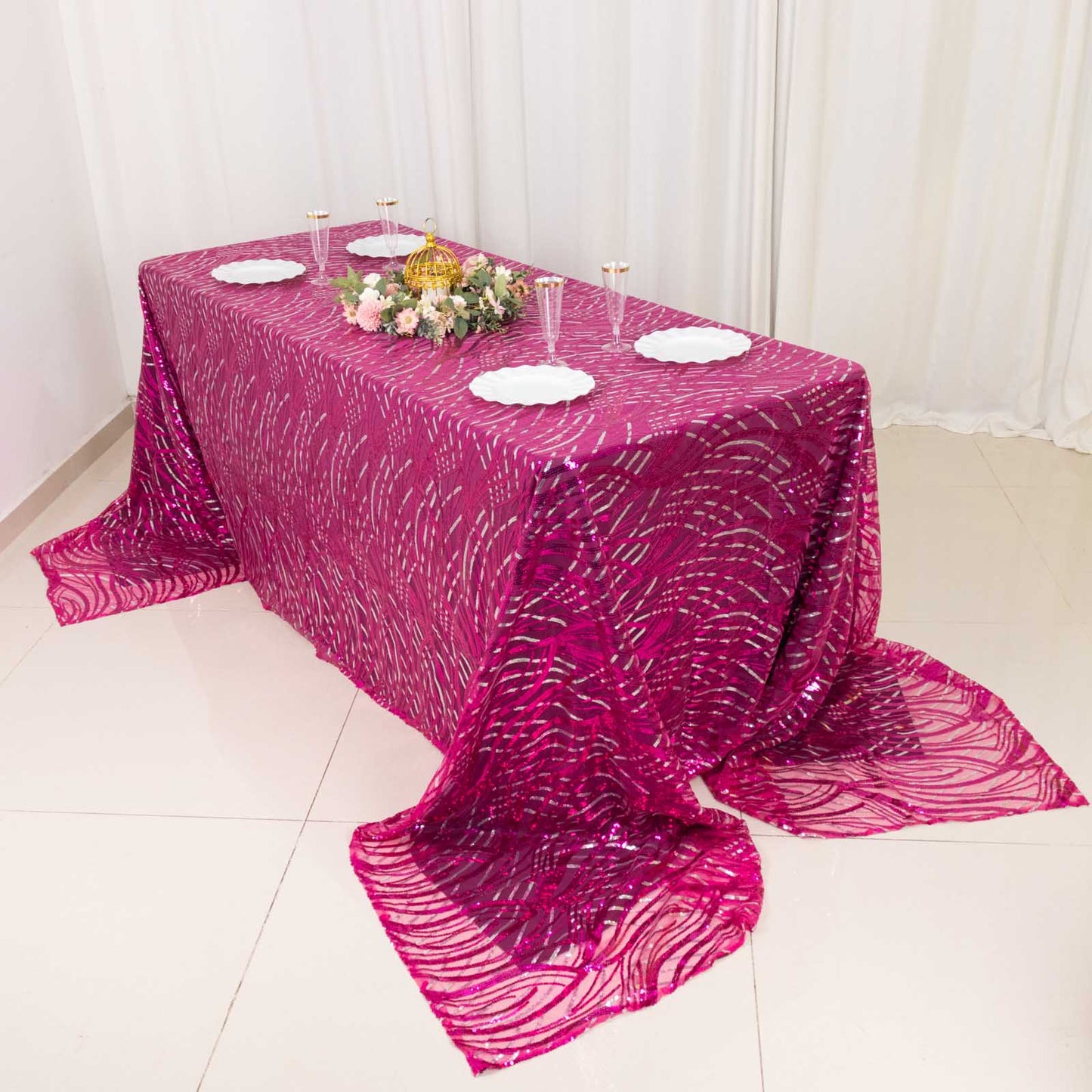 90"x156" Fuchsia Silver Wave Mesh Rectangular Tablecloth With Embroidered Sequins