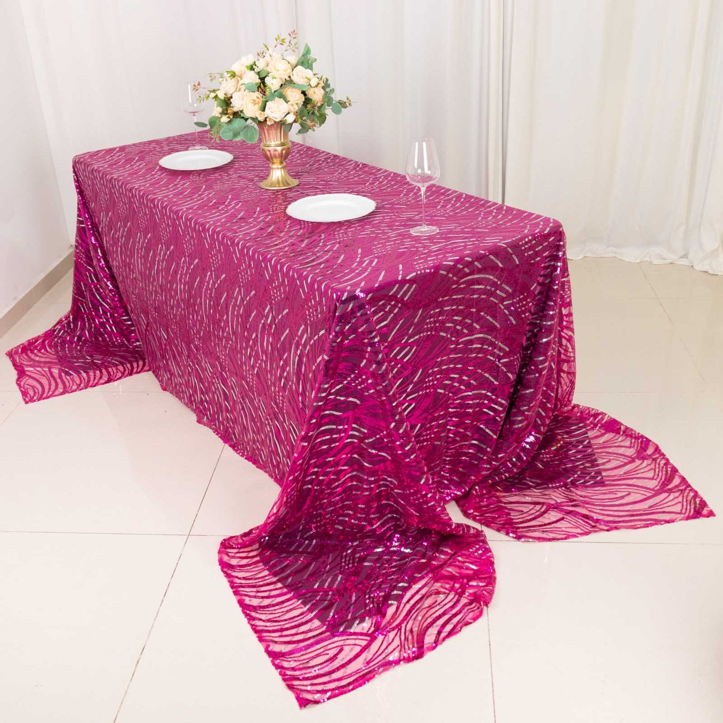 90"x156" Fuchsia Silver Wave Mesh Rectangular Tablecloth With Embroidered Sequins