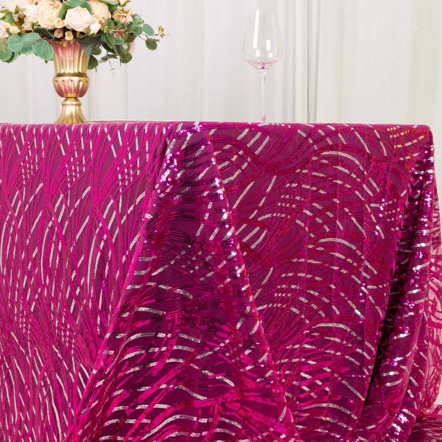 90"x156" Fuchsia Silver Wave Mesh Rectangular Tablecloth With Embroidered Sequins