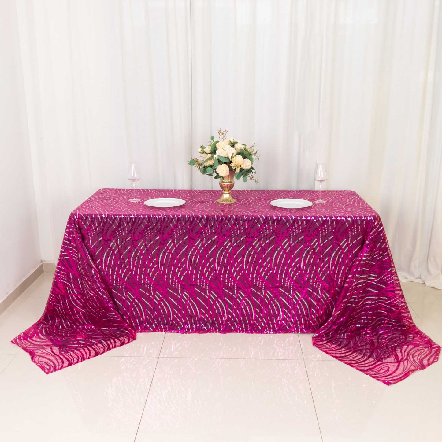 90"x156" Fuchsia Silver Wave Mesh Rectangular Tablecloth With Embroidered Sequins