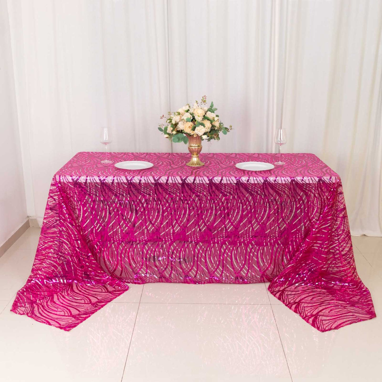 90"x156" Fuchsia Silver Wave Mesh Rectangular Tablecloth With Embroidered Sequins