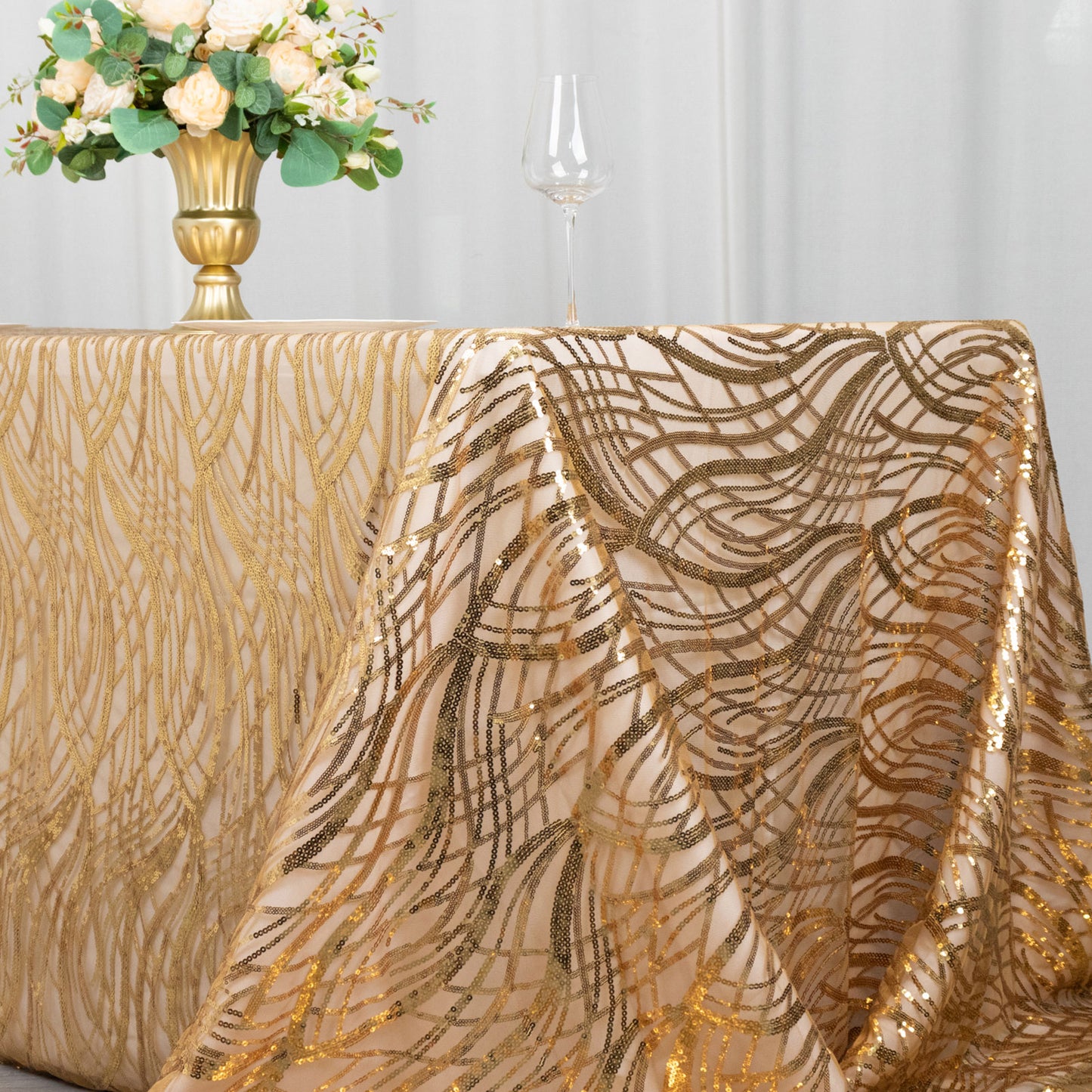90"x156" Gold Wave Mesh Rectangular Tablecloth With Embroidered Sequins