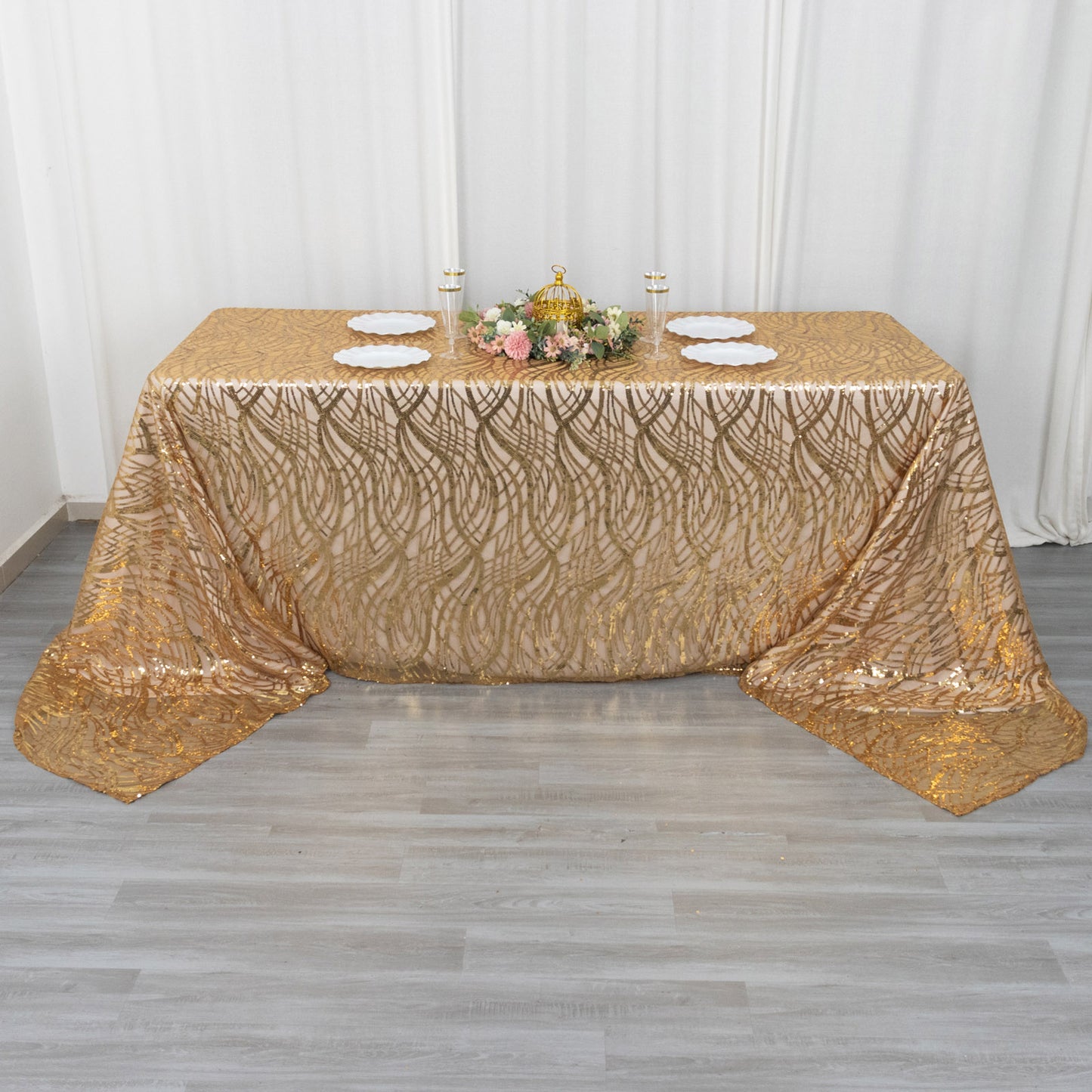 90"x156" Gold Wave Mesh Rectangular Tablecloth With Embroidered Sequins
