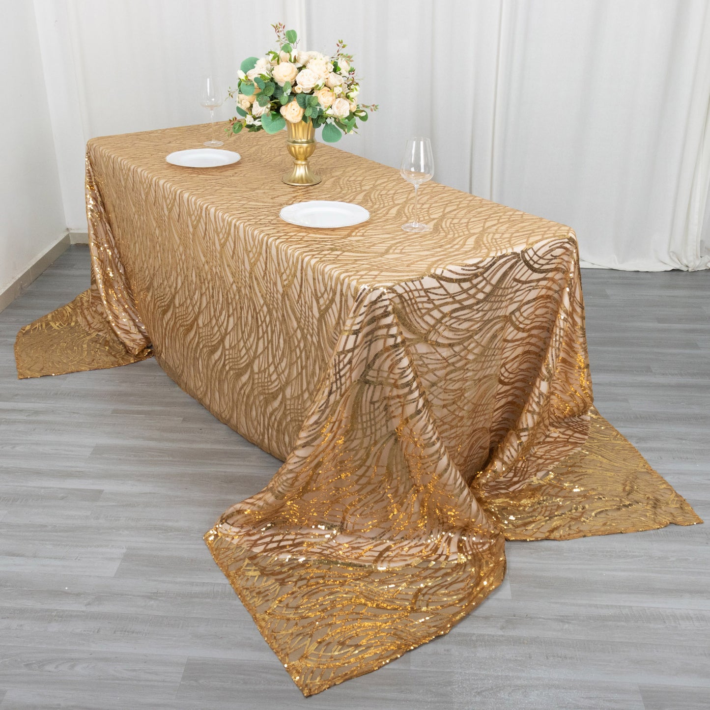 90"x156" Gold Wave Mesh Rectangular Tablecloth With Embroidered Sequins