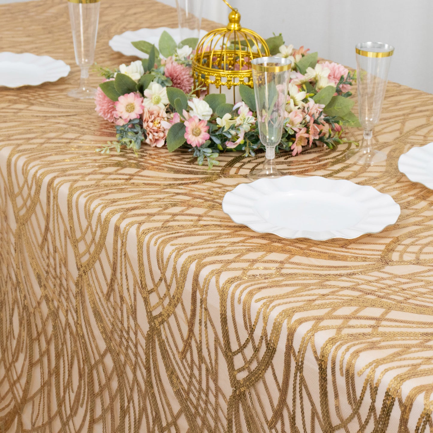 90"x156" Gold Wave Mesh Rectangular Tablecloth With Embroidered Sequins