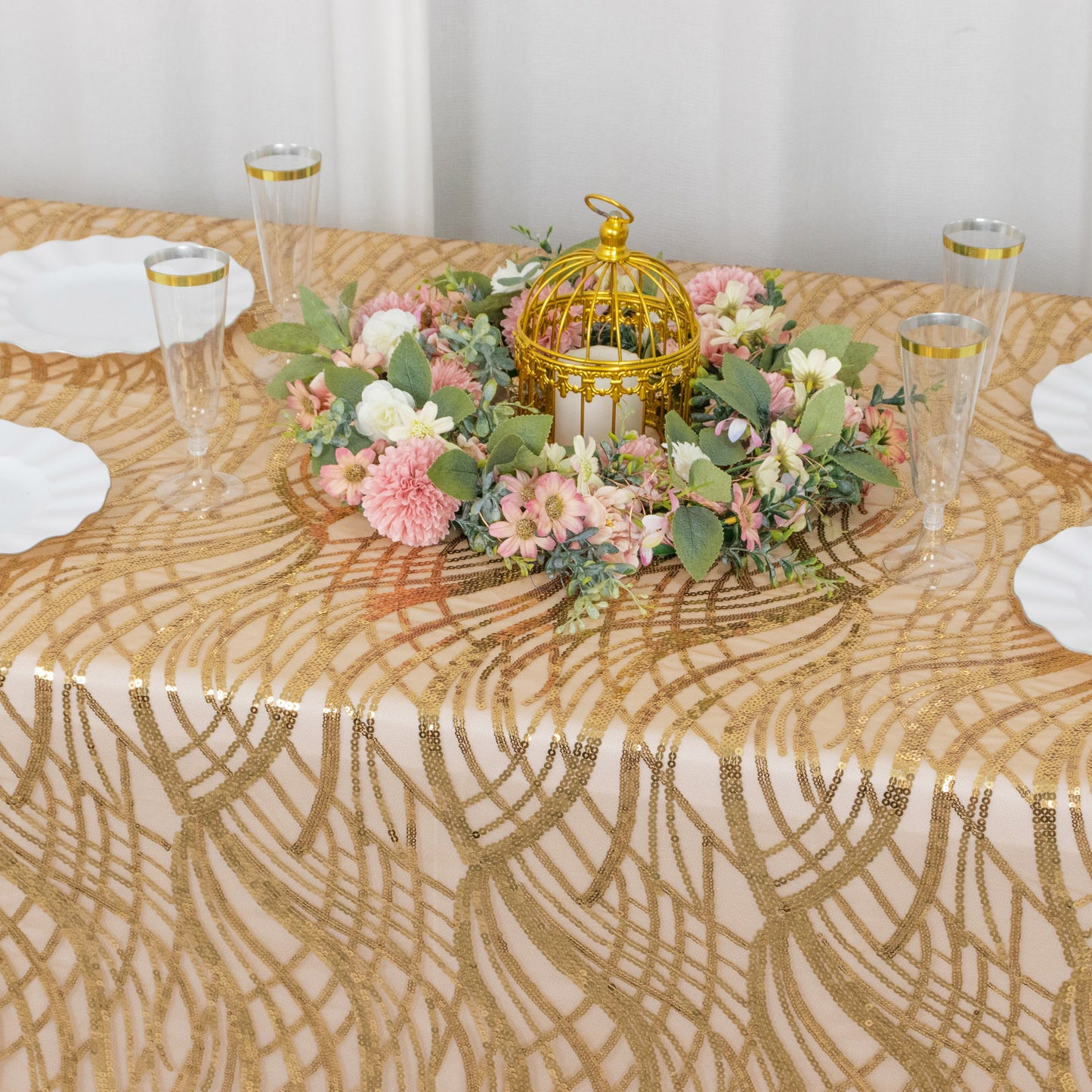 90"x156" Gold Wave Mesh Rectangular Tablecloth With Embroidered Sequins