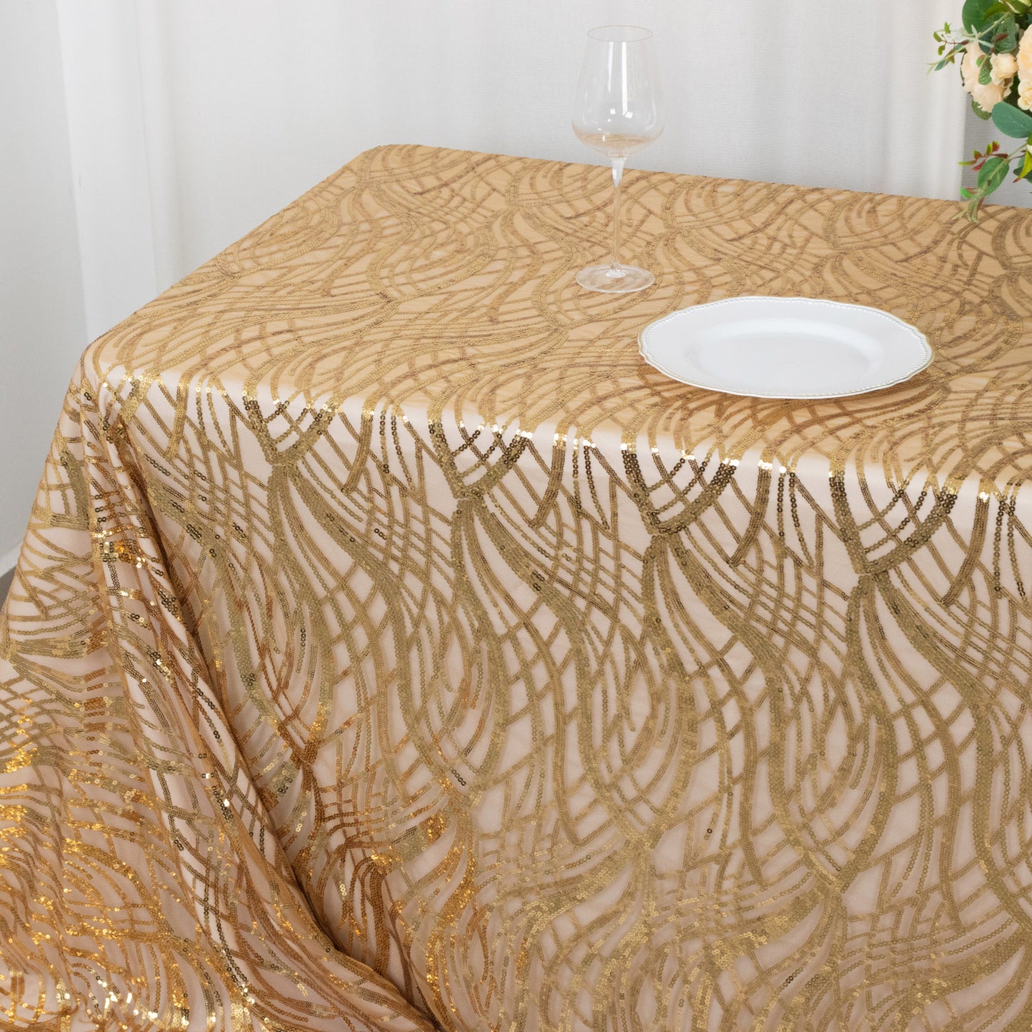 90"x156" Gold Wave Mesh Rectangular Tablecloth With Embroidered Sequins