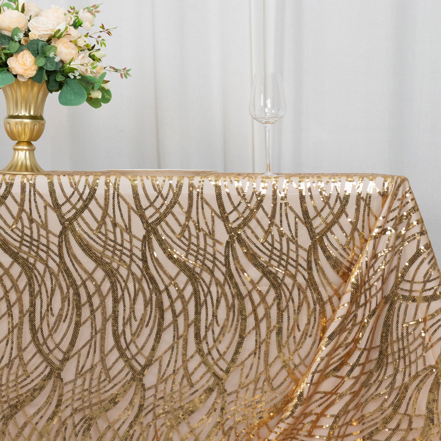 90"x156" Gold Wave Mesh Rectangular Tablecloth With Embroidered Sequins