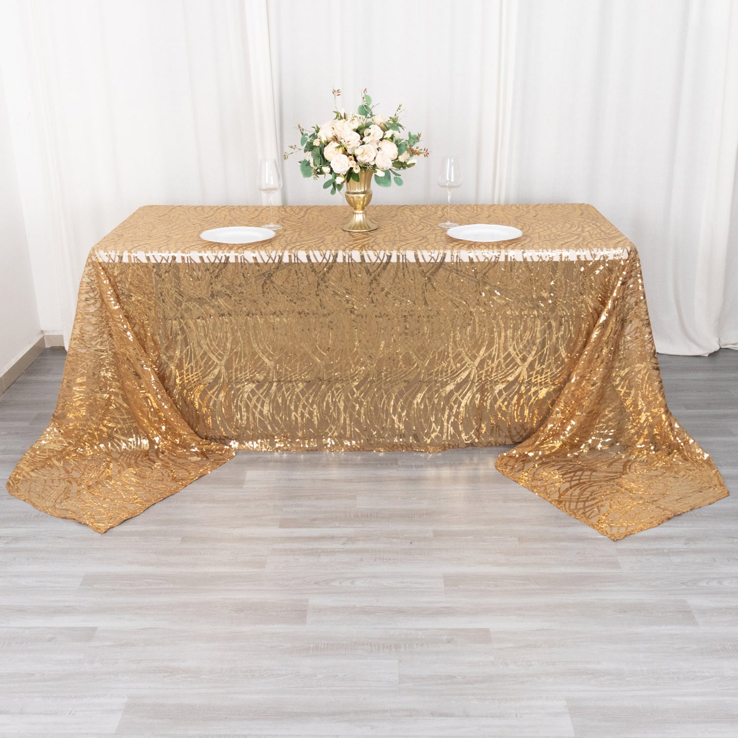 90"x156" Gold Wave Mesh Rectangular Tablecloth With Embroidered Sequins