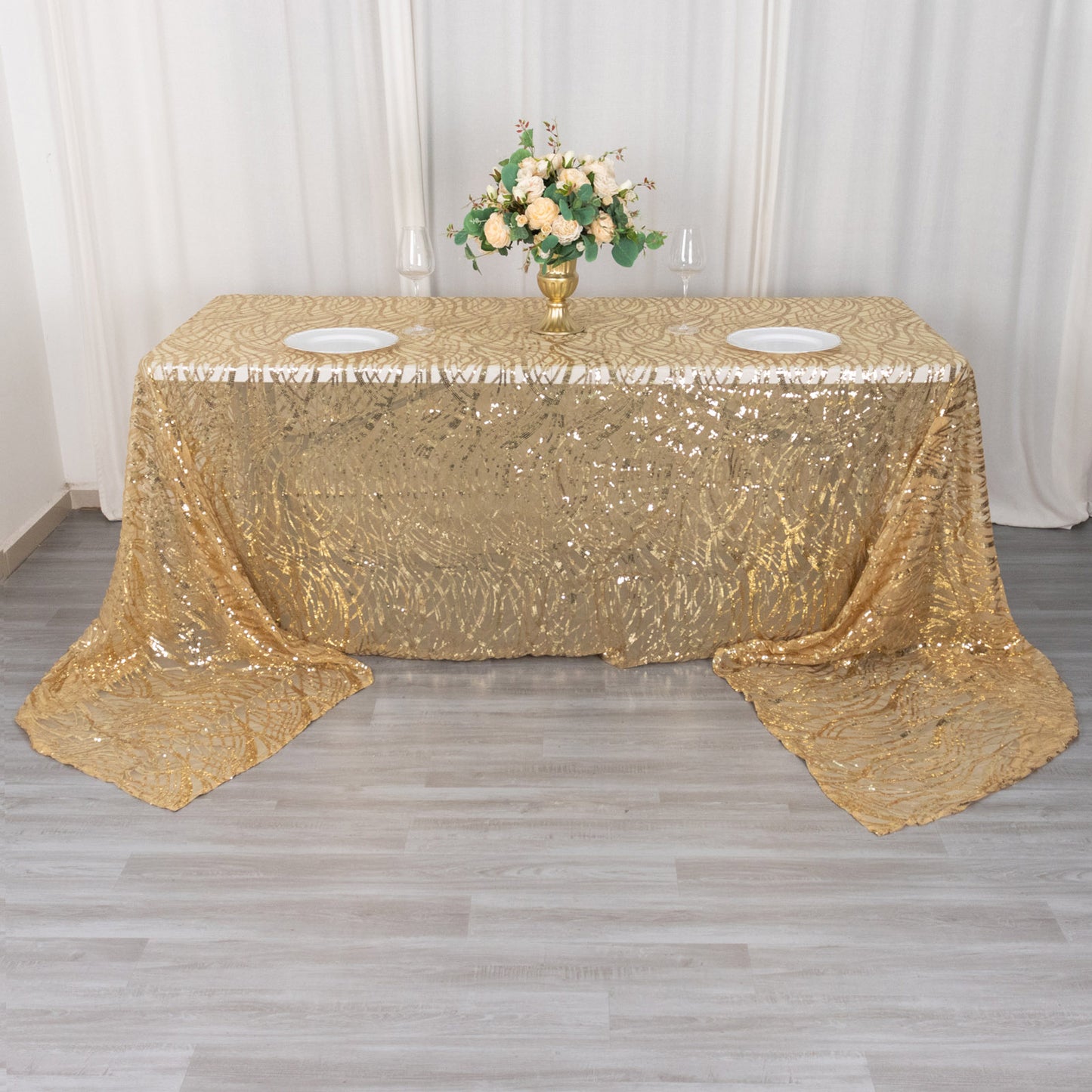 90"x156" Gold Wave Mesh Rectangular Tablecloth With Embroidered Sequins