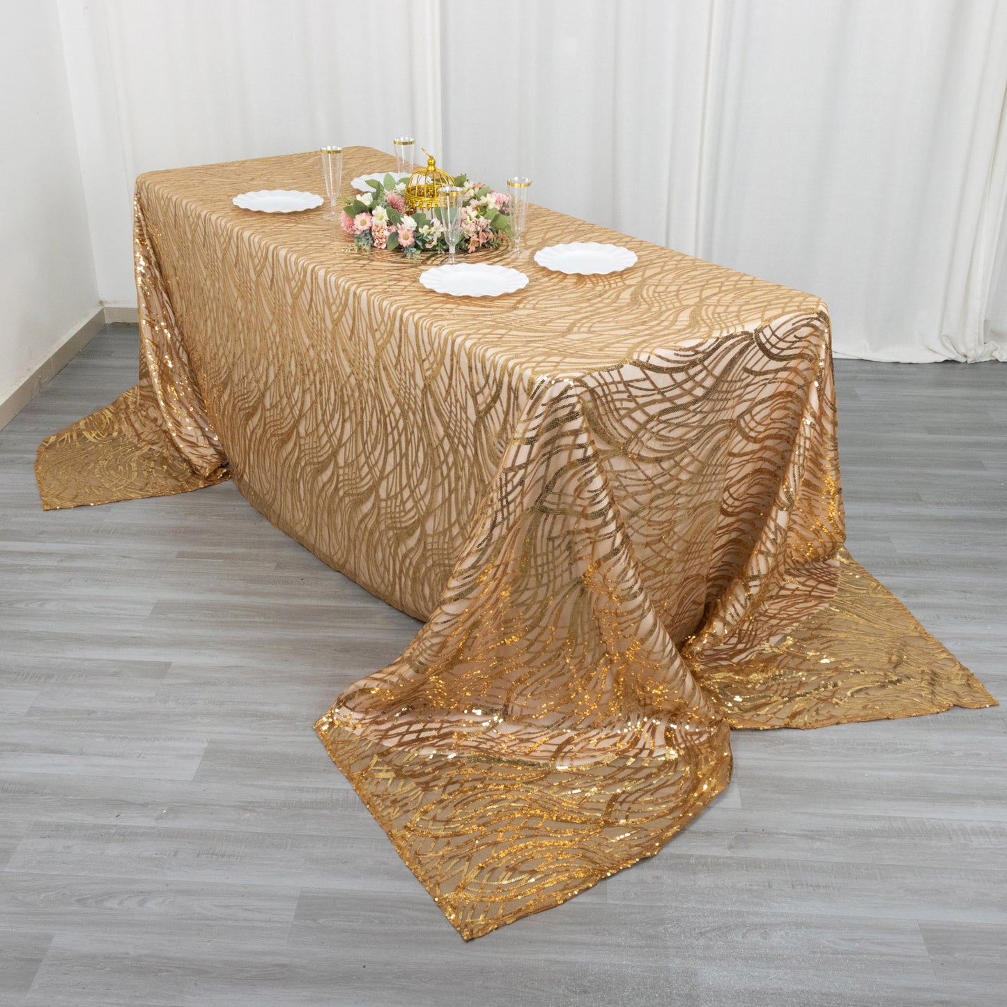 90"x156" Gold Wave Mesh Rectangular Tablecloth With Embroidered Sequins