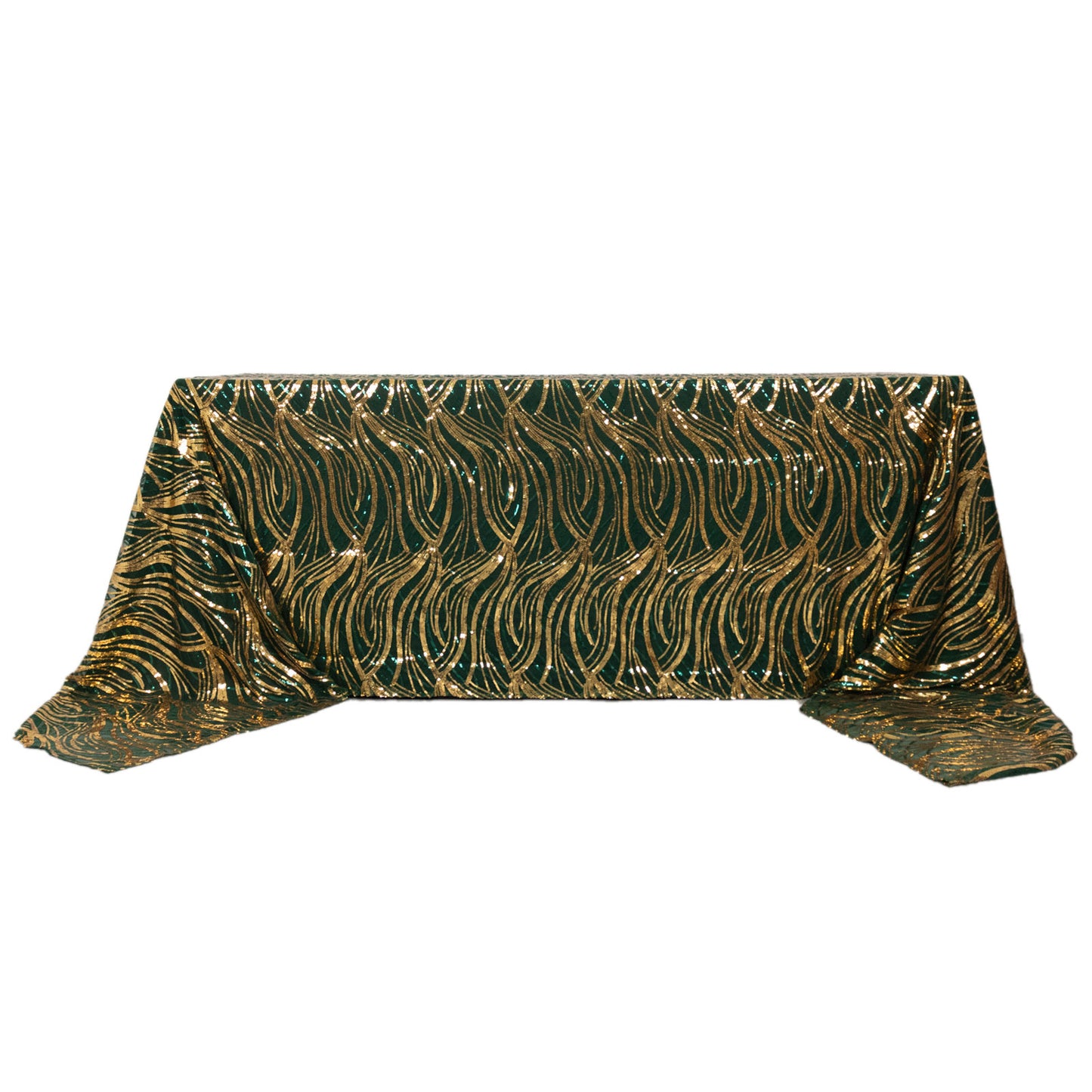 90"x156" Hunter Emerald Green Gold Wave Mesh Rectangular Tablecloth With Embroidered Sequins