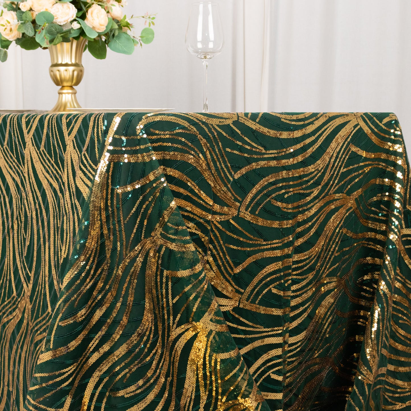 90"x156" Hunter Emerald Green Gold Wave Mesh Rectangular Tablecloth With Embroidered Sequins