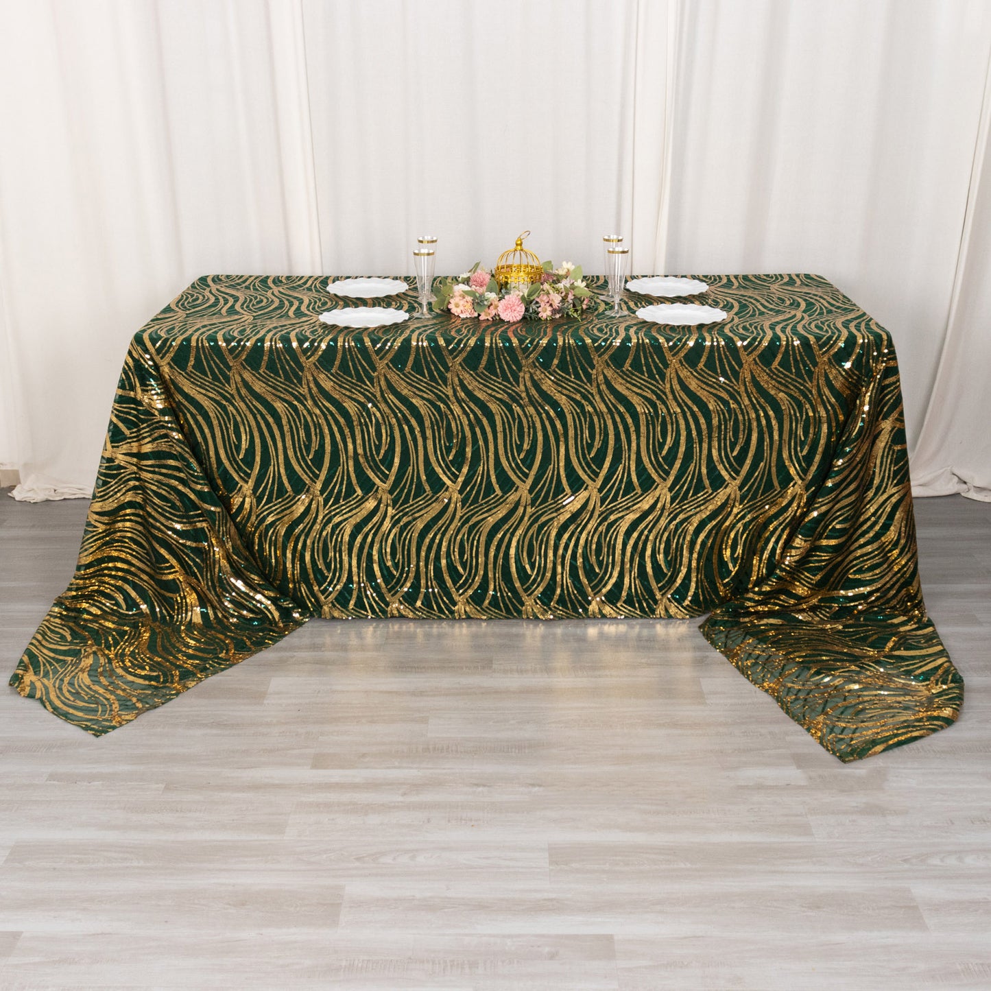 90"x156" Hunter Emerald Green Gold Wave Mesh Rectangular Tablecloth With Embroidered Sequins
