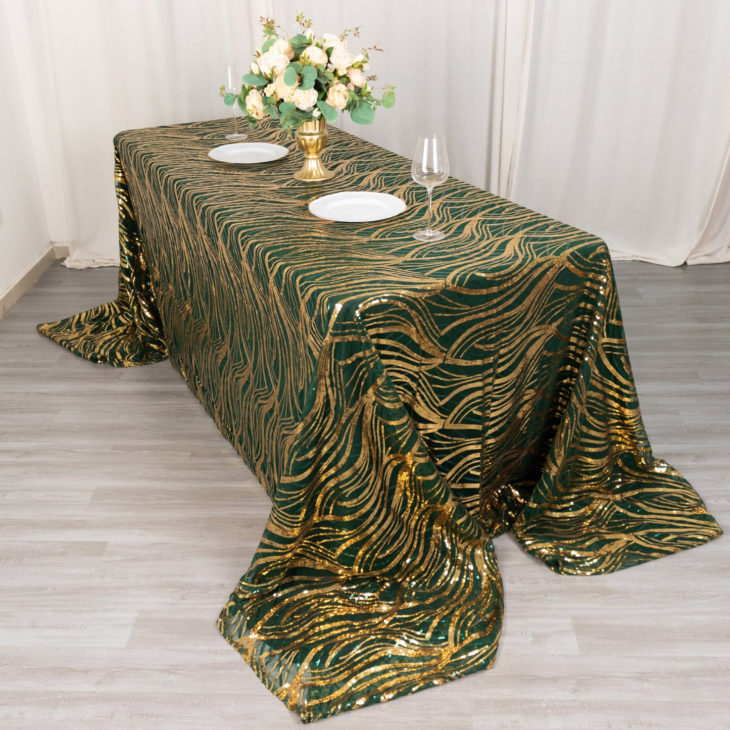 90"x156" Hunter Emerald Green Gold Wave Mesh Rectangular Tablecloth With Embroidered Sequins