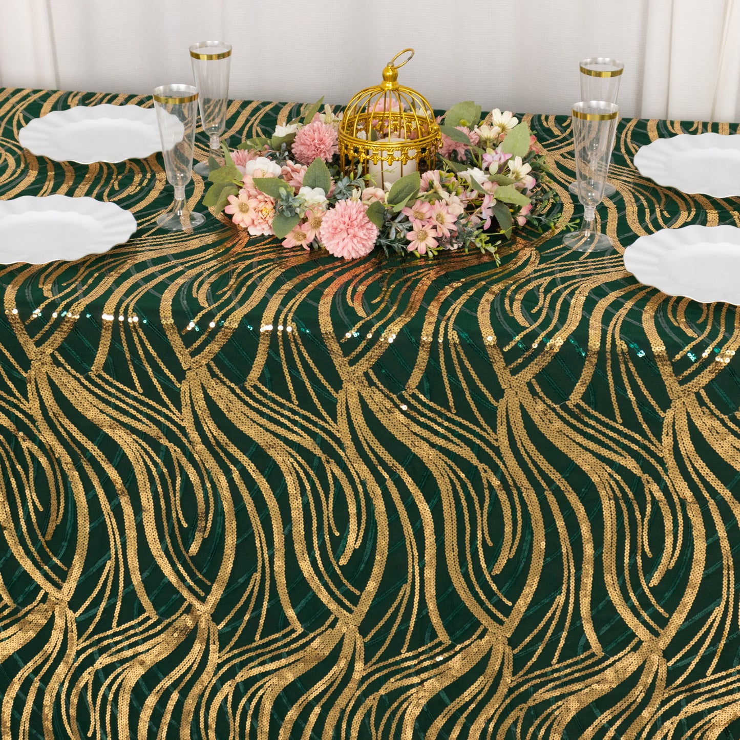 90"x156" Hunter Emerald Green Gold Wave Mesh Rectangular Tablecloth With Embroidered Sequins