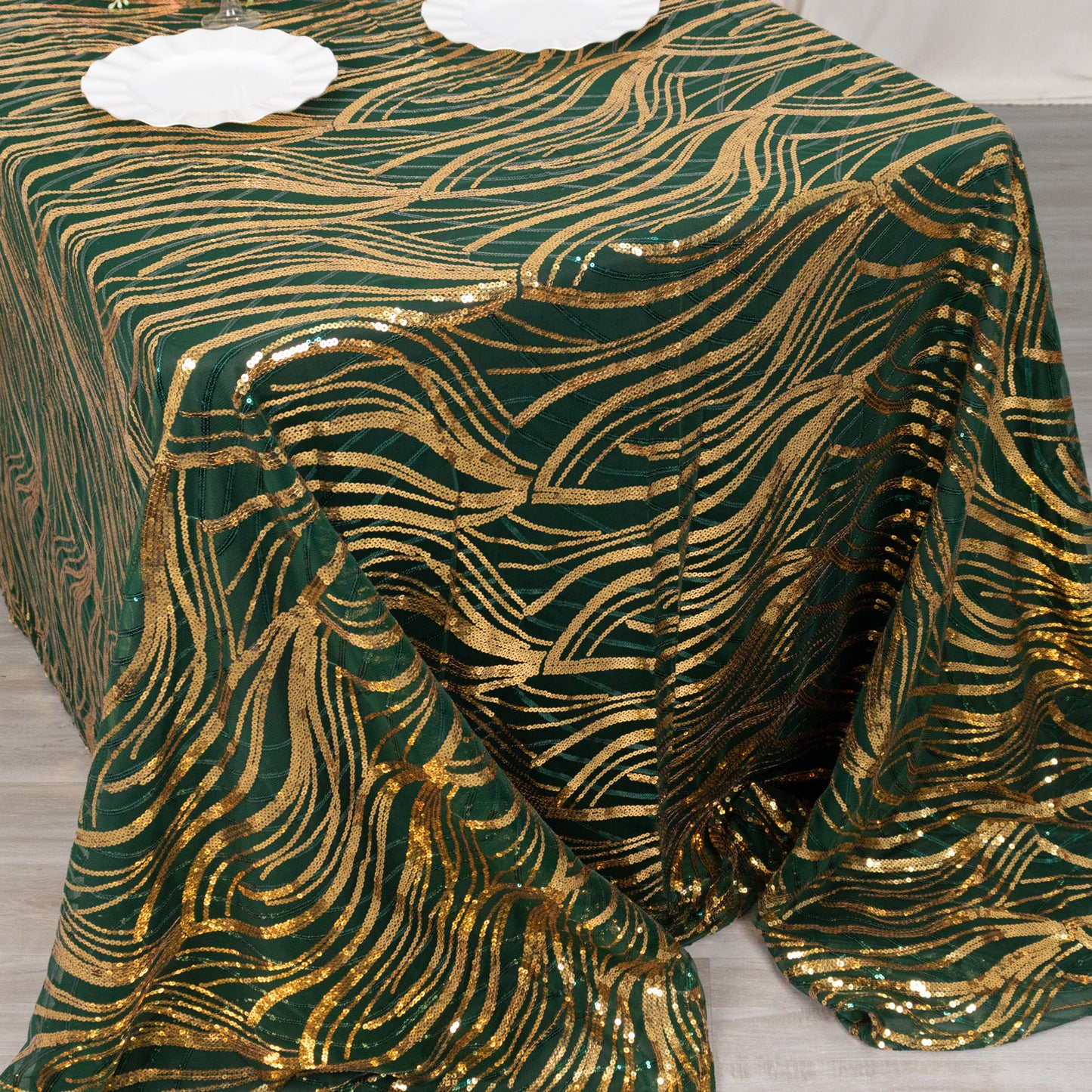 90"x156" Hunter Emerald Green Gold Wave Mesh Rectangular Tablecloth With Embroidered Sequins