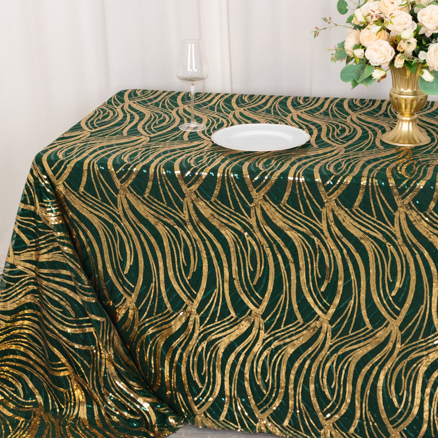 90"x156" Hunter Emerald Green Gold Wave Mesh Rectangular Tablecloth With Embroidered Sequins
