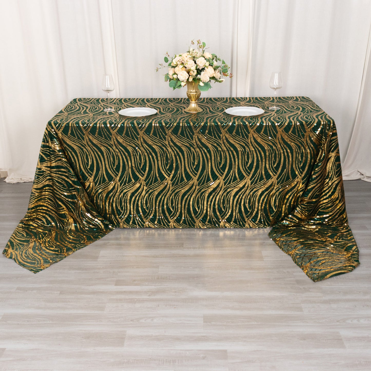 90"x156" Hunter Emerald Green Gold Wave Mesh Rectangular Tablecloth With Embroidered Sequins
