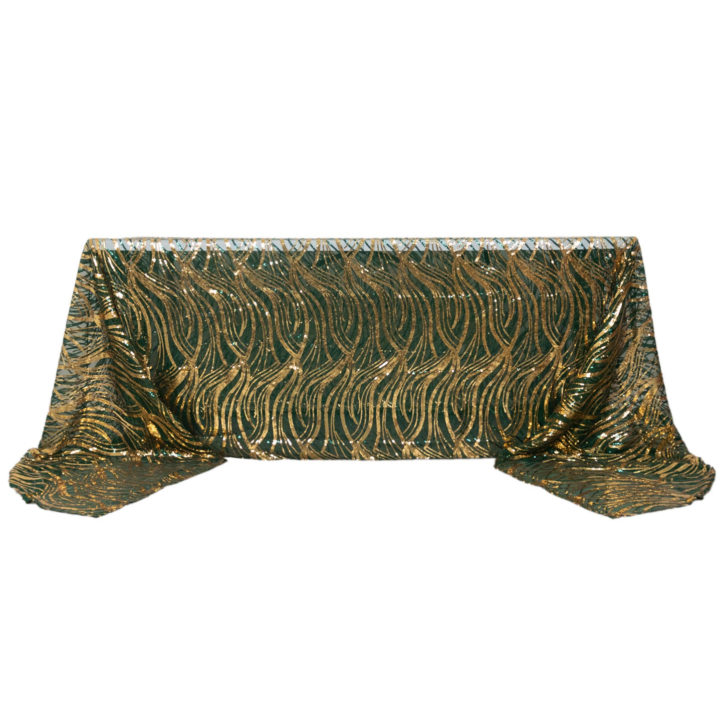 90"x156" Hunter Emerald Green Gold Wave Mesh Rectangular Tablecloth With Embroidered Sequins