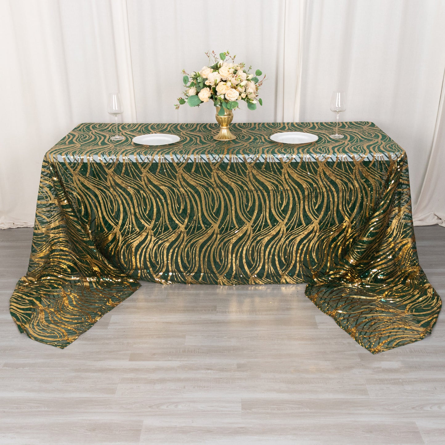 90"x156" Hunter Emerald Green Gold Wave Mesh Rectangular Tablecloth With Embroidered Sequins