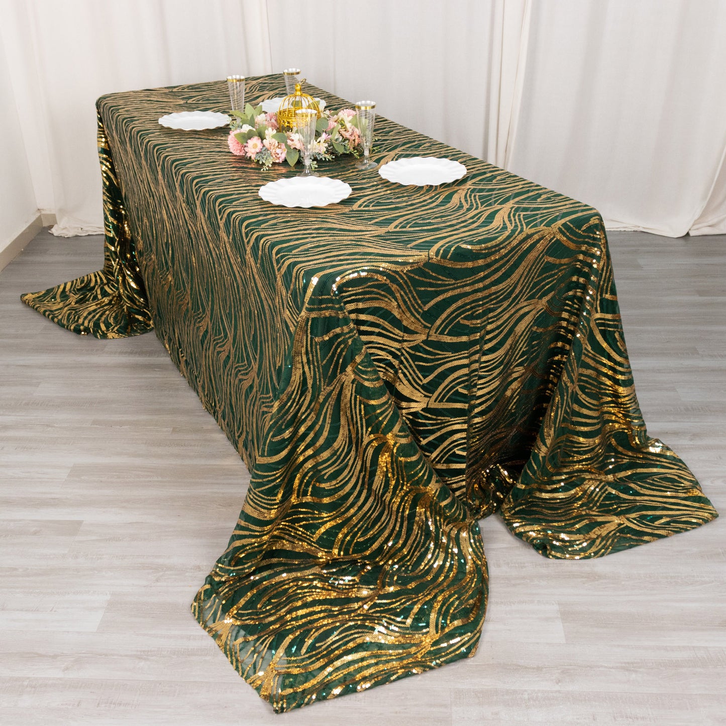 90"x156" Hunter Emerald Green Gold Wave Mesh Rectangular Tablecloth With Embroidered Sequins