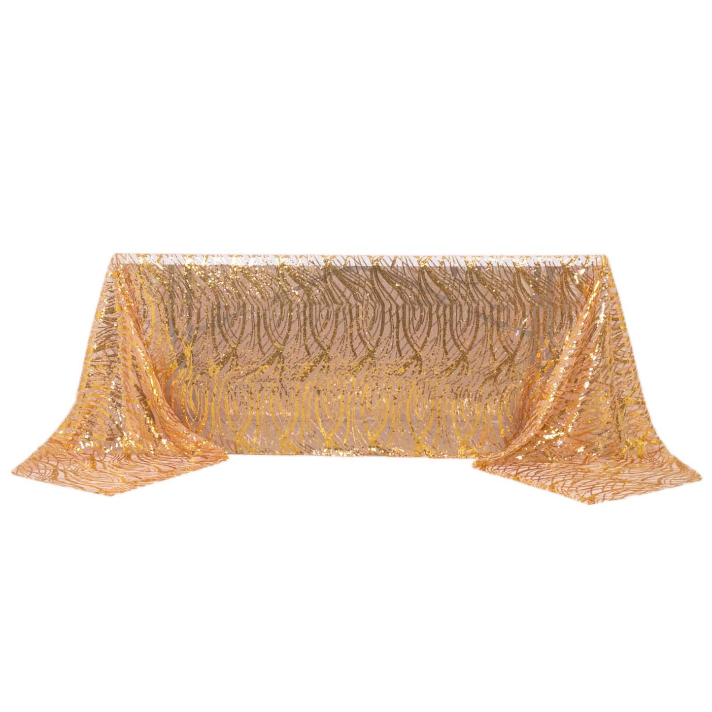 90"x156" Rose Gold Wave Mesh Rectangular Tablecloth With Gold Embroidered Sequins