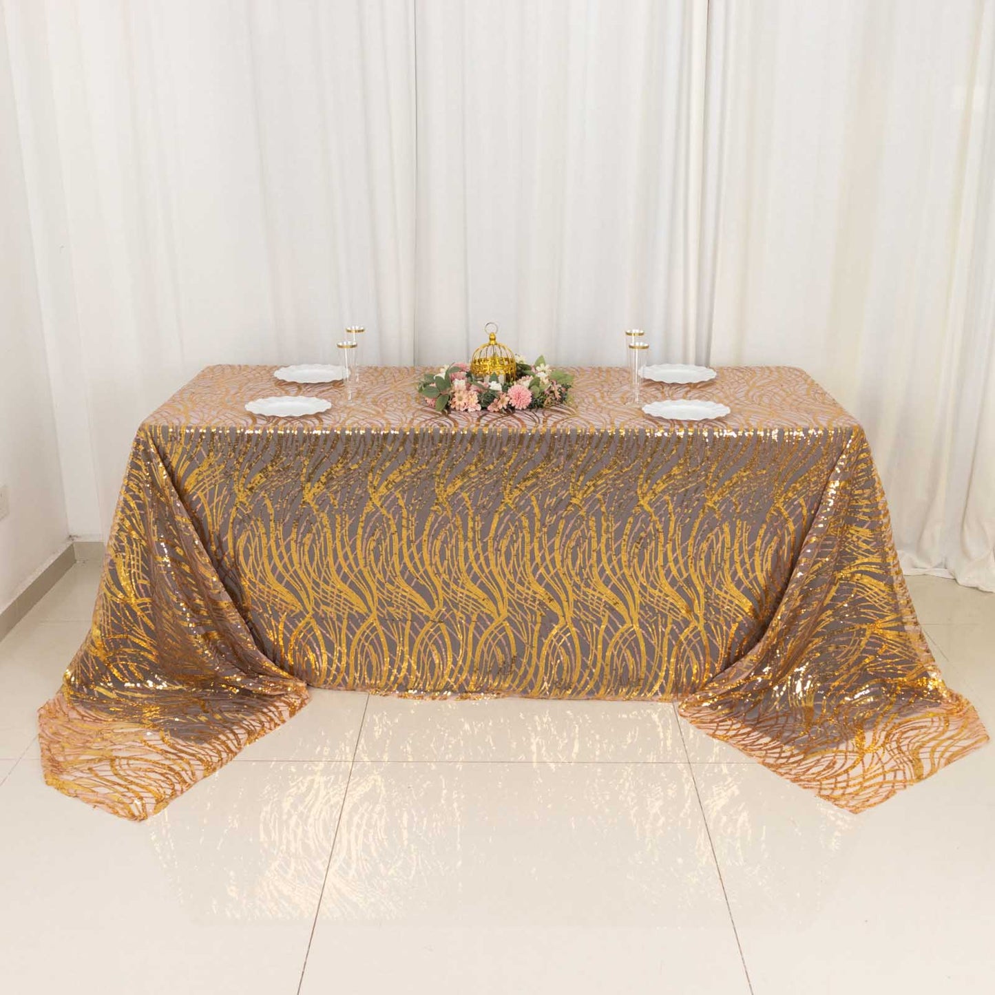 90"x156" Rose Gold Wave Mesh Rectangular Tablecloth With Gold Embroidered Sequins