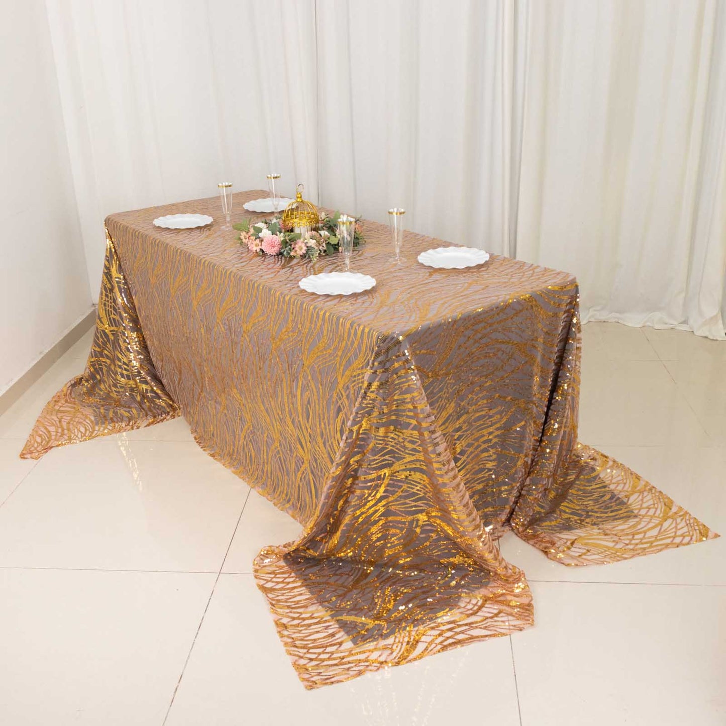 90"x156" Rose Gold Wave Mesh Rectangular Tablecloth With Gold Embroidered Sequins