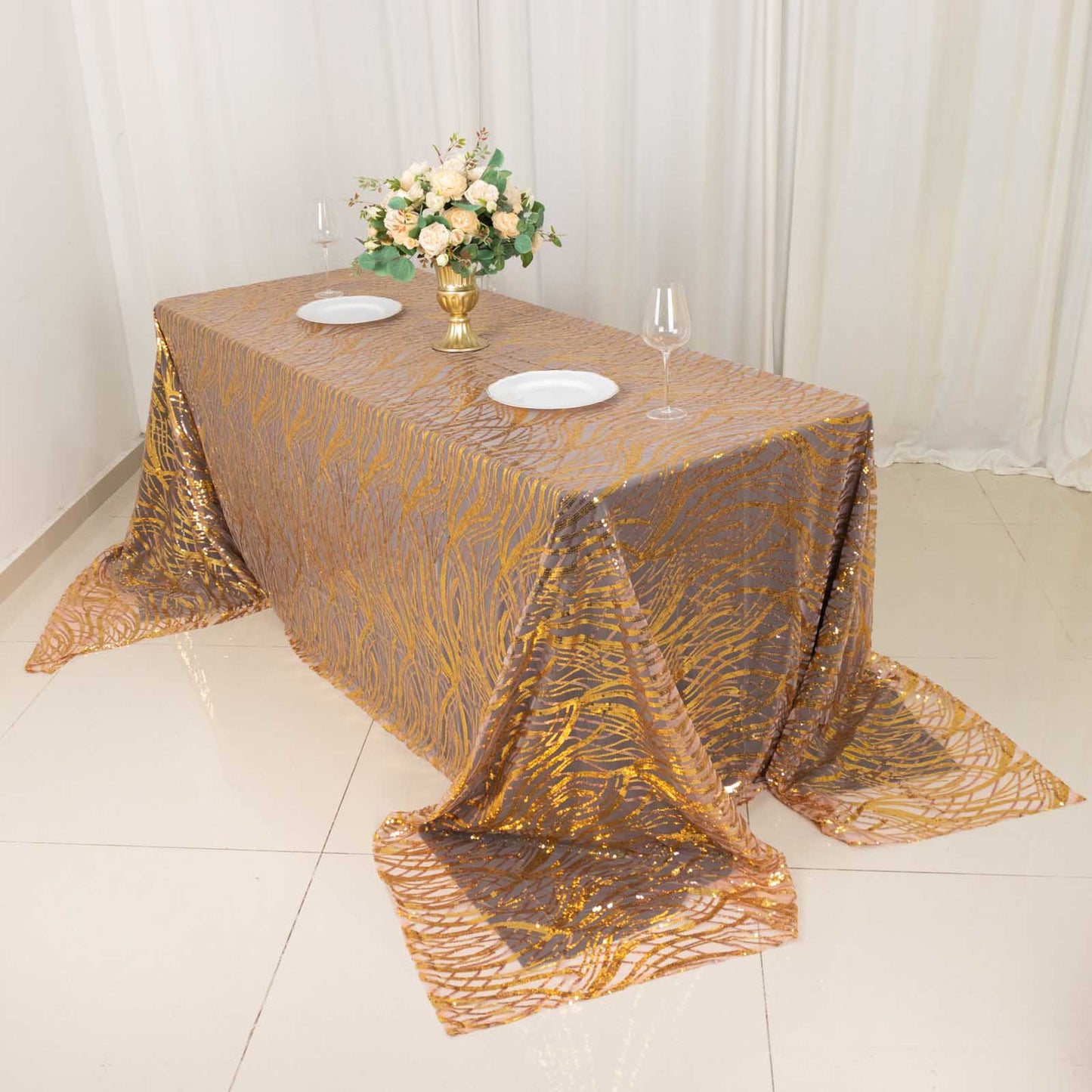 90"x156" Rose Gold Wave Mesh Rectangular Tablecloth With Gold Embroidered Sequins