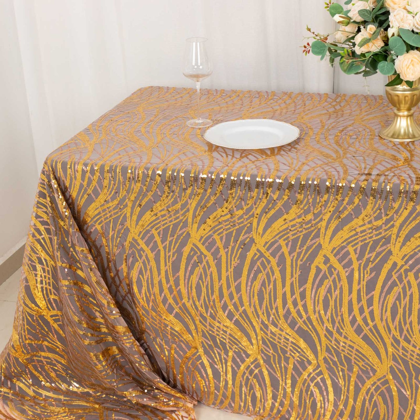 90"x156" Rose Gold Wave Mesh Rectangular Tablecloth With Gold Embroidered Sequins