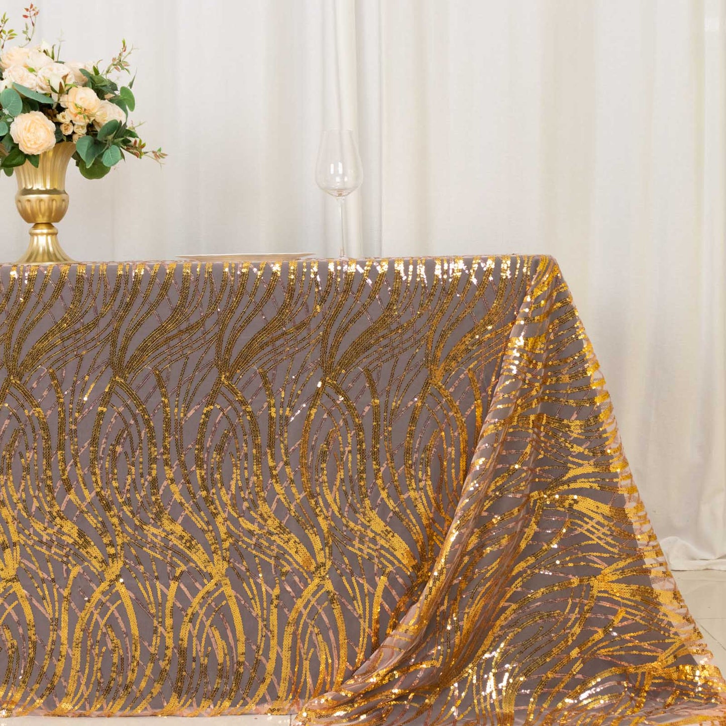 90"x156" Rose Gold Wave Mesh Rectangular Tablecloth With Gold Embroidered Sequins