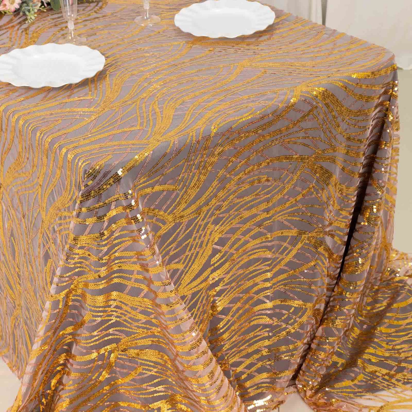 90"x156" Rose Gold Wave Mesh Rectangular Tablecloth With Gold Embroidered Sequins