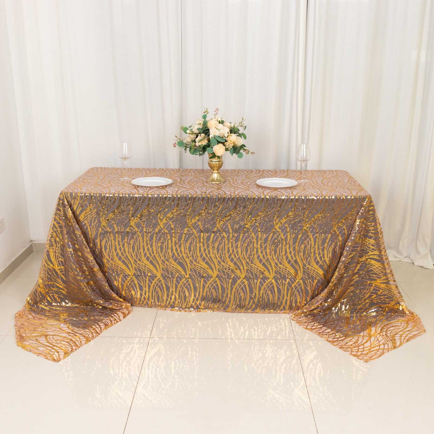 90"x156" Rose Gold Wave Mesh Rectangular Tablecloth With Gold Embroidered Sequins
