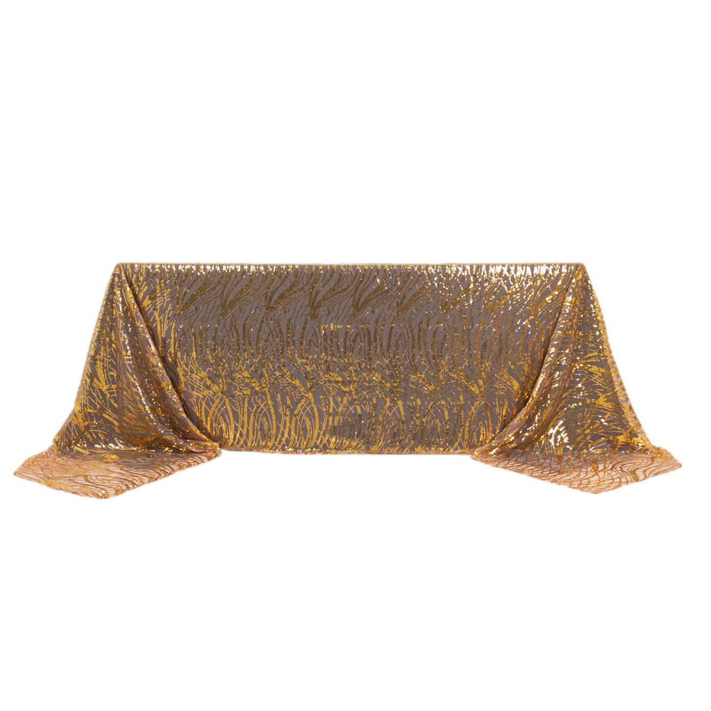 90"x156" Rose Gold Wave Mesh Rectangular Tablecloth With Gold Embroidered Sequins