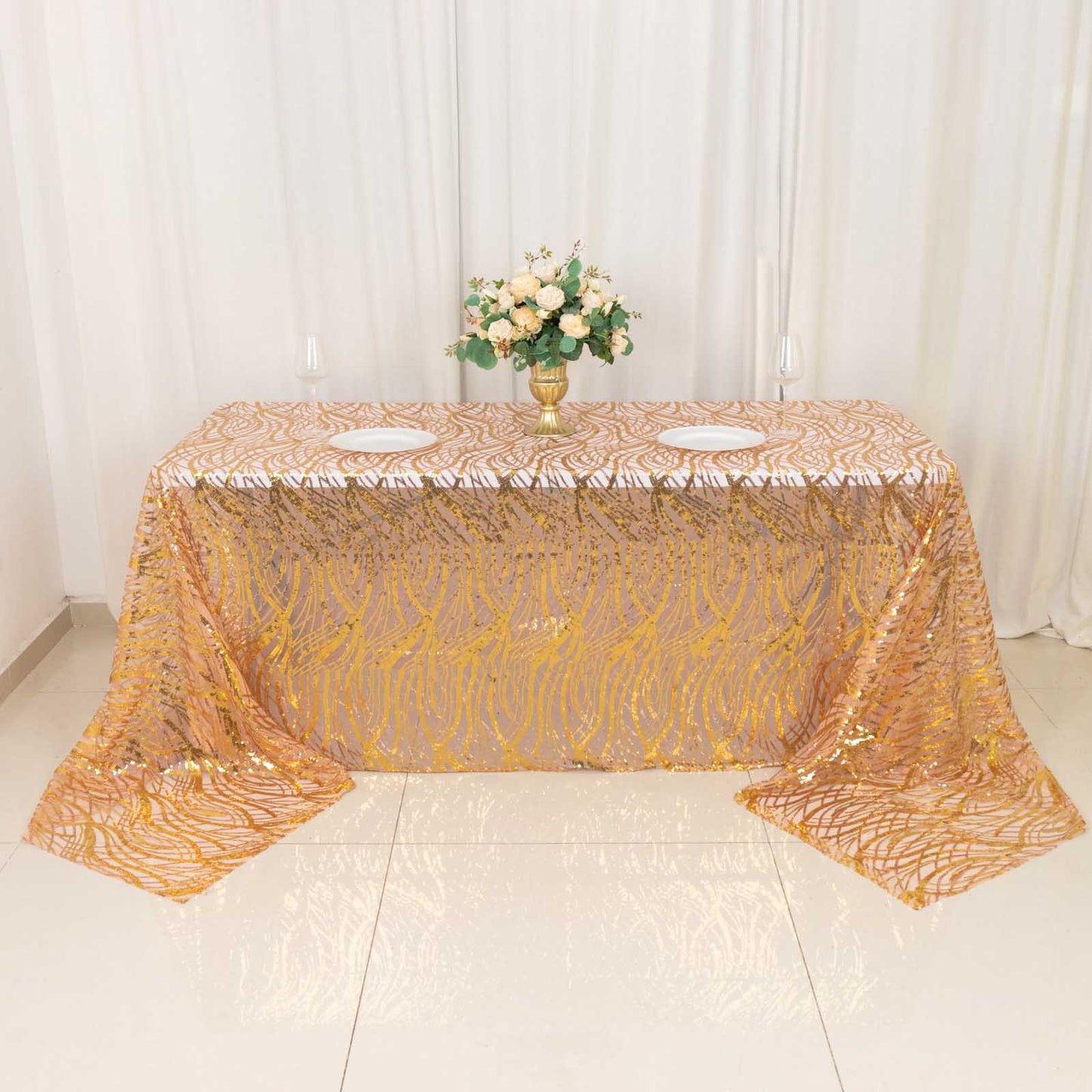 90"x156" Rose Gold Wave Mesh Rectangular Tablecloth With Gold Embroidered Sequins