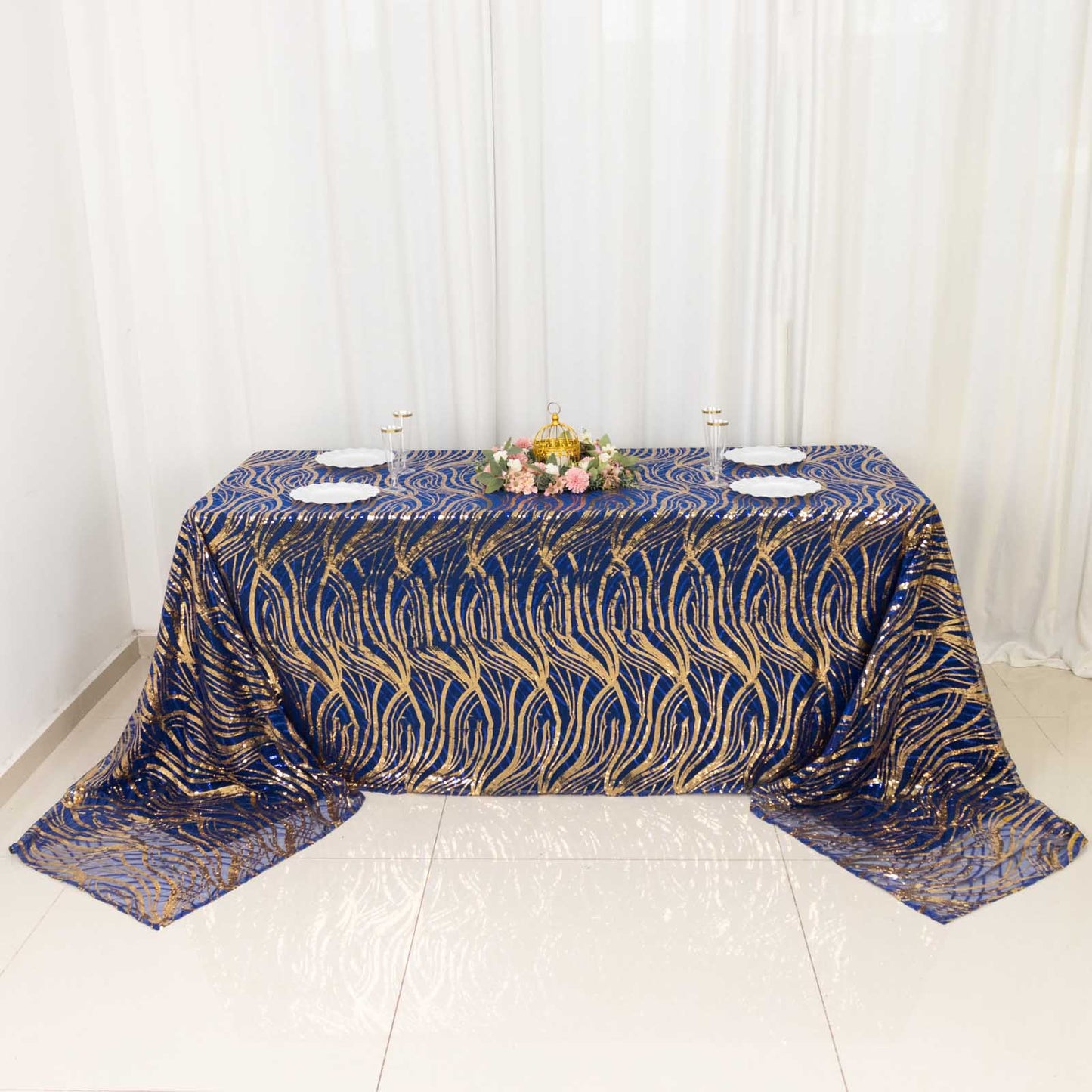 90"x156" Royal Blue Gold Wave Mesh Rectangular Tablecloth With Embroidered Sequins