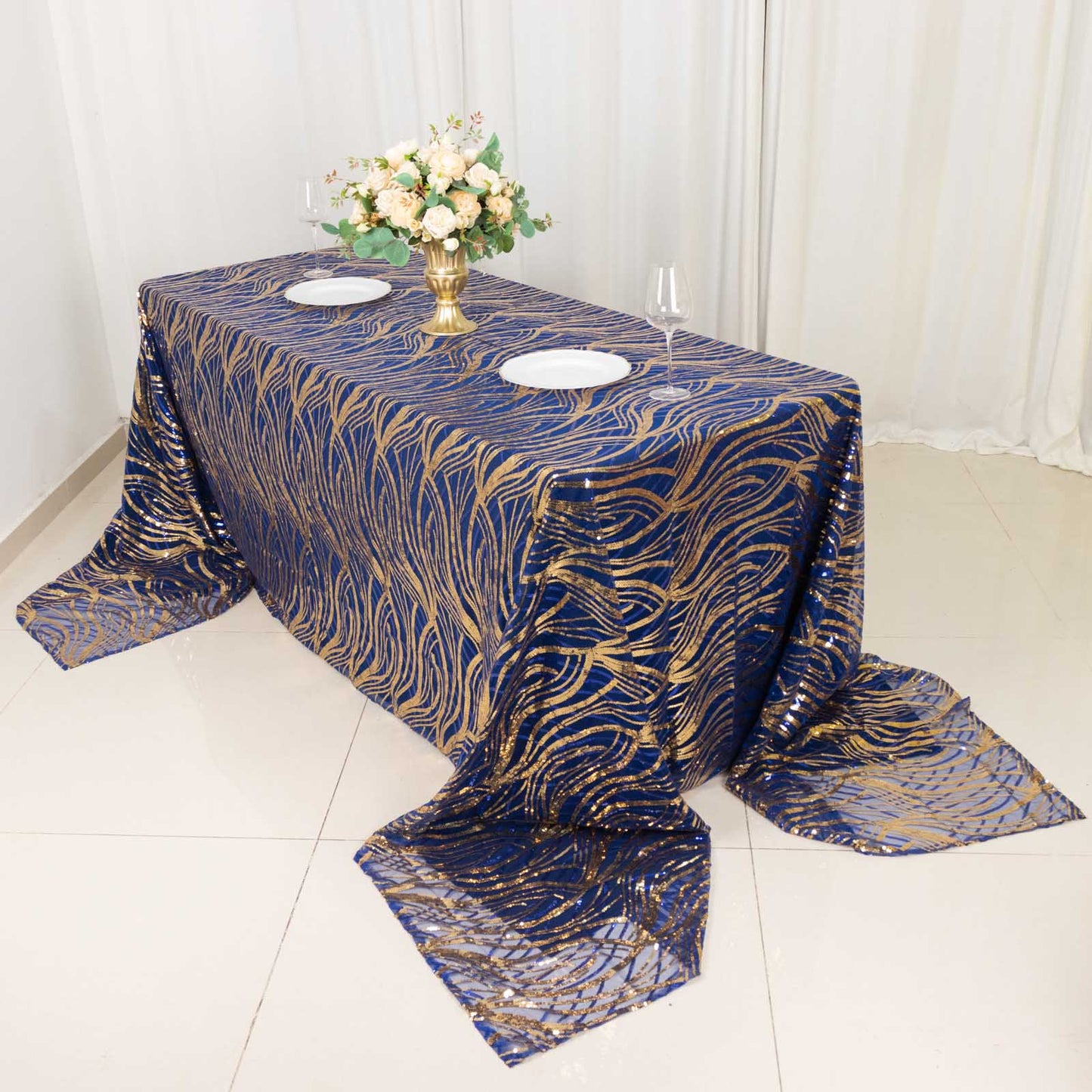 90"x156" Royal Blue Gold Wave Mesh Rectangular Tablecloth With Embroidered Sequins