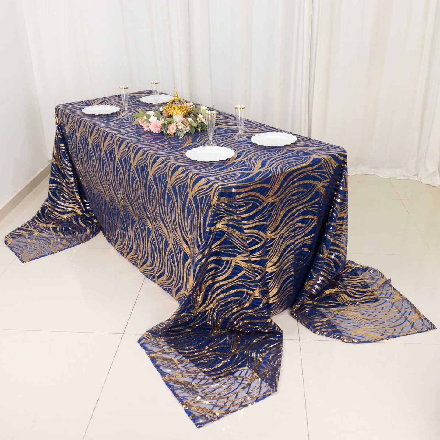 90"x156" Royal Blue Gold Wave Mesh Rectangular Tablecloth With Embroidered Sequins