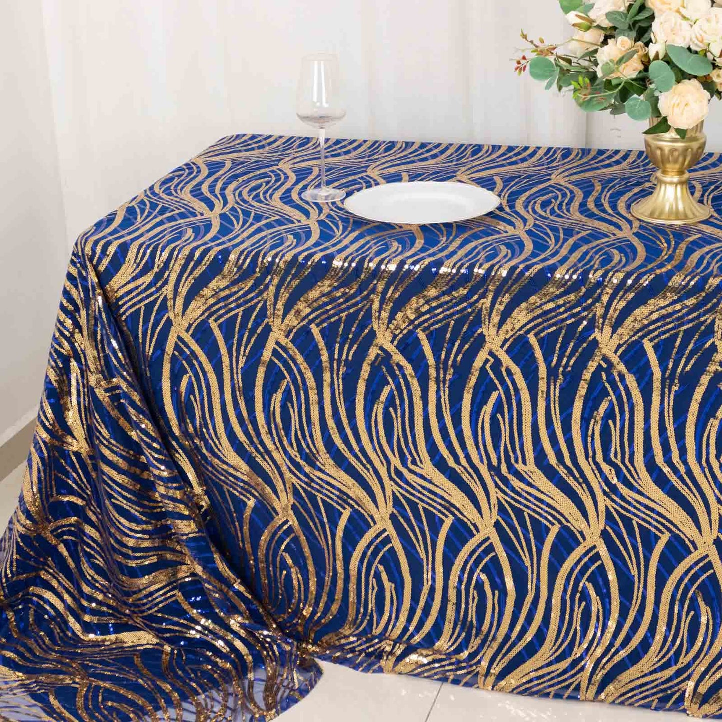90"x156" Royal Blue Gold Wave Mesh Rectangular Tablecloth With Embroidered Sequins