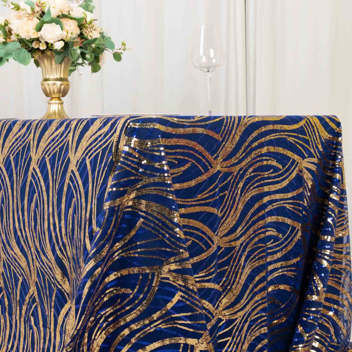 90"x156" Royal Blue Gold Wave Mesh Rectangular Tablecloth With Embroidered Sequins