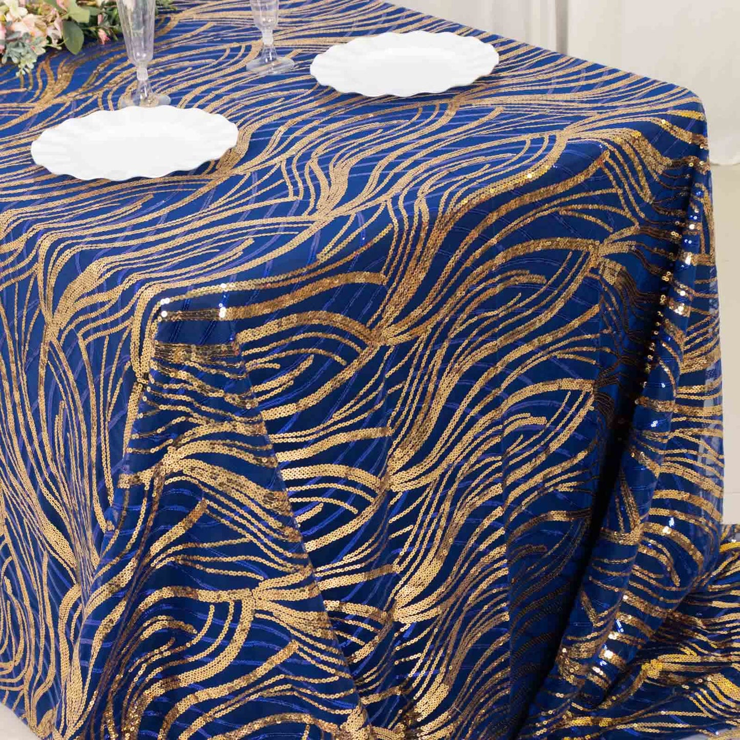90"x156" Royal Blue Gold Wave Mesh Rectangular Tablecloth With Embroidered Sequins