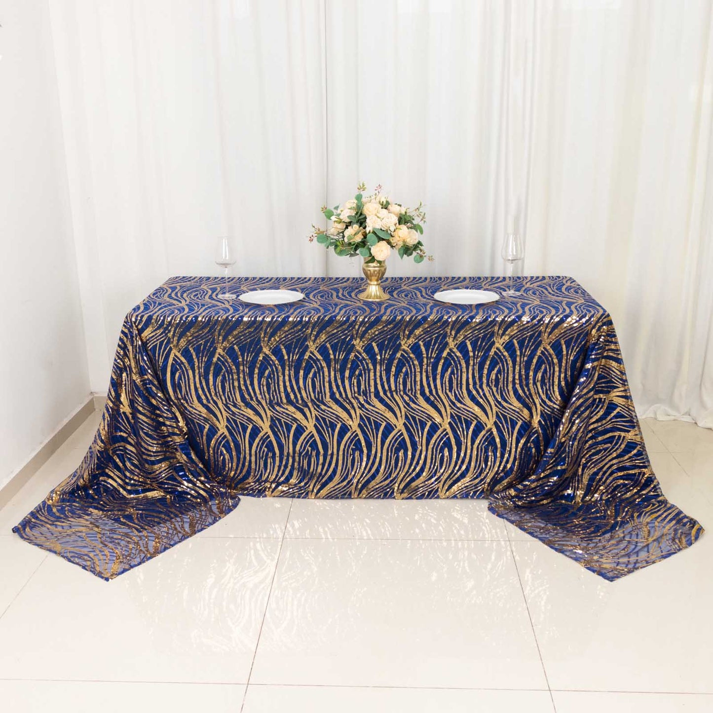 90"x156" Royal Blue Gold Wave Mesh Rectangular Tablecloth With Embroidered Sequins
