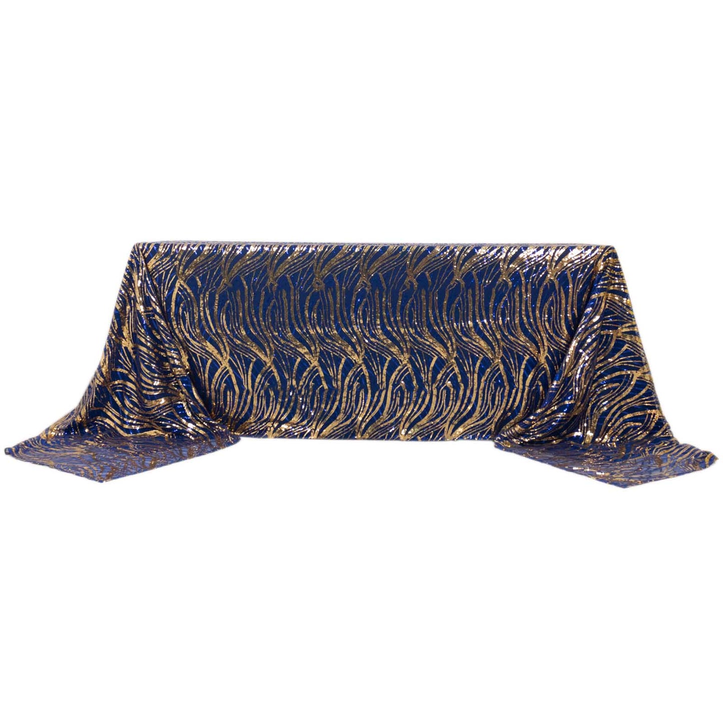 90"x156" Royal Blue Gold Wave Mesh Rectangular Tablecloth With Embroidered Sequins