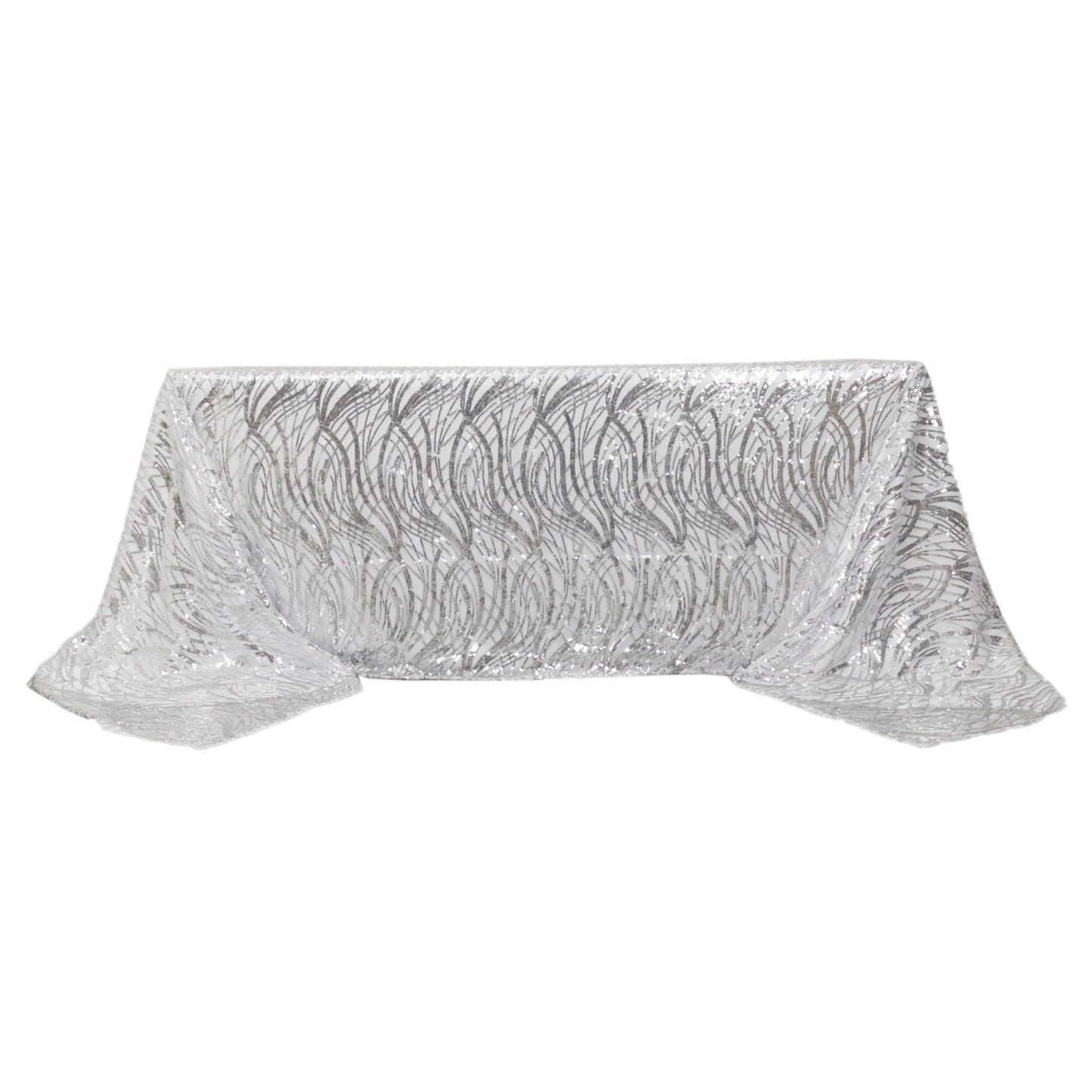 90"x156" Silver Wave Mesh Rectangular Tablecloth With Embroidered Sequins